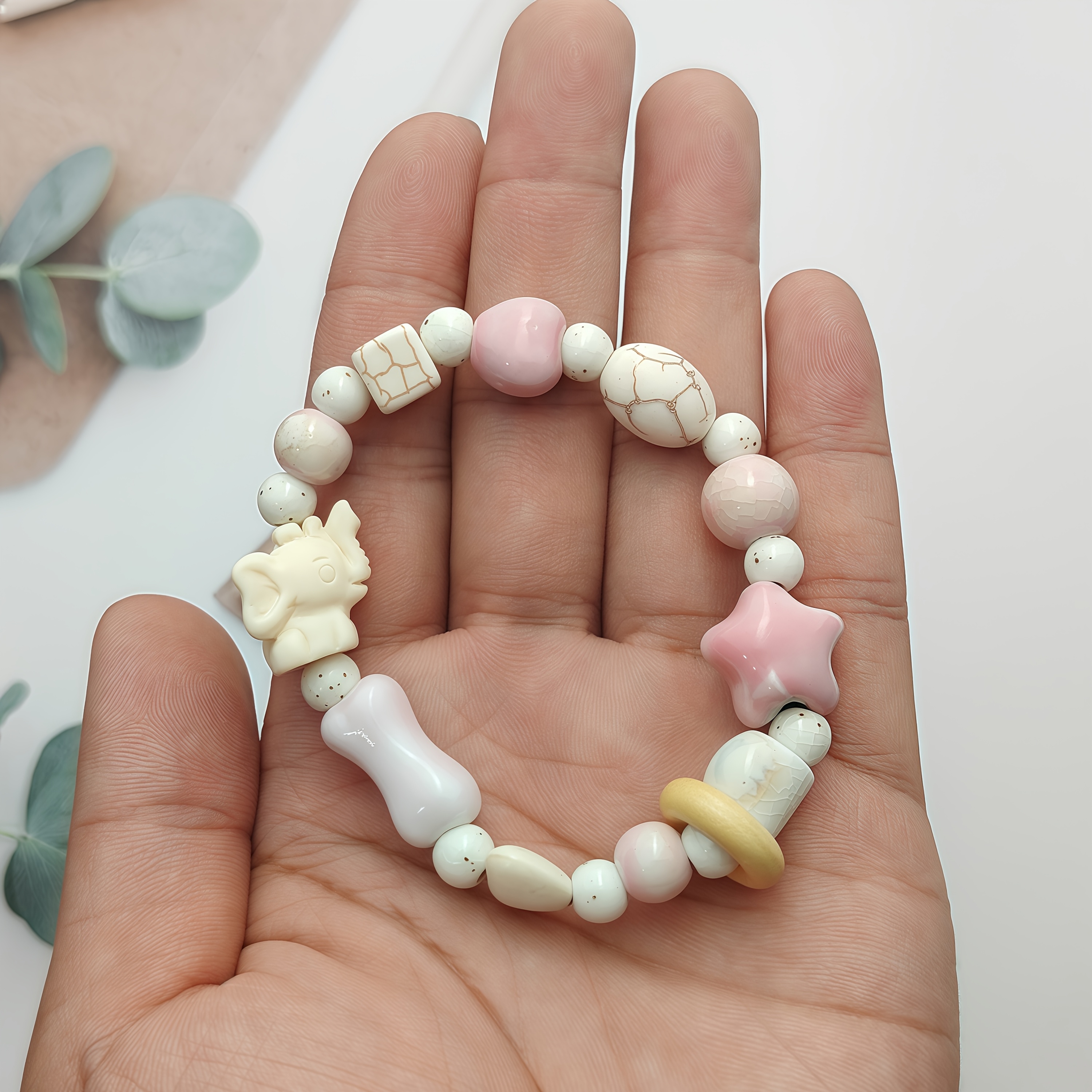 Vintage Style Ceramic Rabbit & Elephant Beaded Bracelet